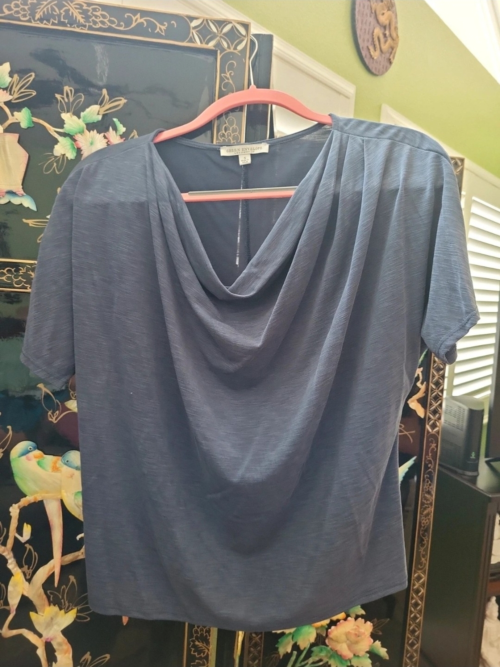 Green Envelope Slate Blue Draped Cowl Neck Short-Sleeve Blouse
